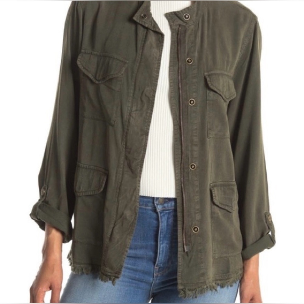 Sanctuary Olive Green Frayed Hem Utility Jacket with Buttons & Zipper
